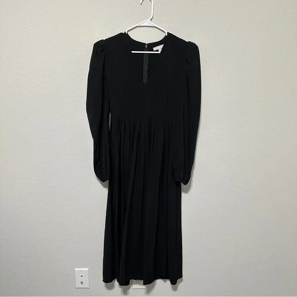 Chlesey28 Pleated Puff Shoulder Long Sleeve Midi Dress Black Womens Size Small - Picture 4 of 14